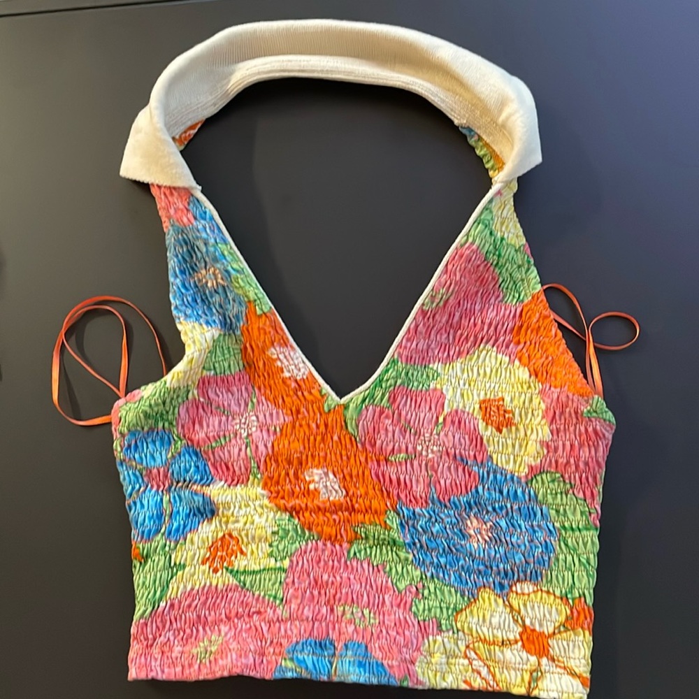 Zara Floral V-Neck Collared Halter Crop